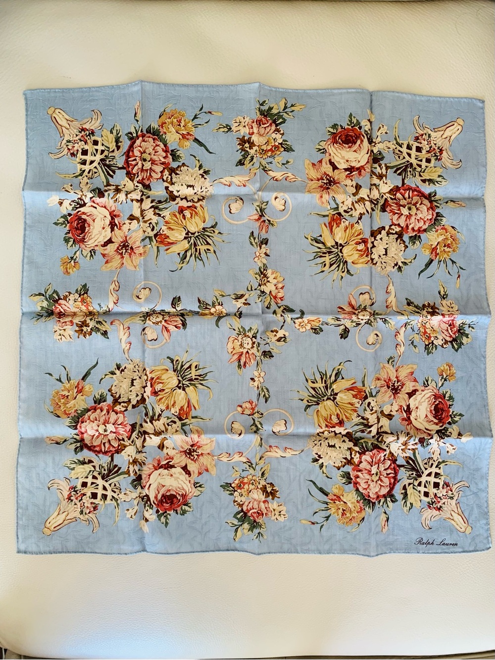 Ralph Lauren Floral Handkerchief Scarf 19” Blue Cotton NWOT Japan New Unused